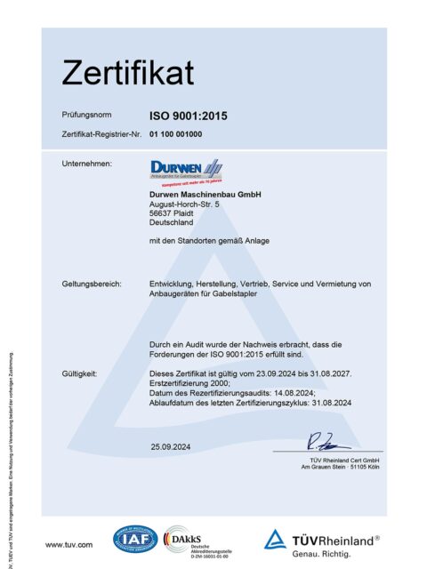 Bei Durwen steht Qualität nicht nur auf dem Papier – sie ist Teil unserer DNA.
Mit der Zertifizierung nach ISO 9001:2015 setzen wir ein klares Zeichen für strukturierte Prozesse, kontinuierliche Verbesserung und höchste Kundenzufriedenheit.
✅ Klare Abläufe
✅ Transparente Kommunikation
✅ Ständige Weiterentwicklung
Unsere Kunden profitieren von einem verlässlichen Qualitätsmanagement, das sich in jedem Produkt und jeder Dienstleistung widerspiegelt.